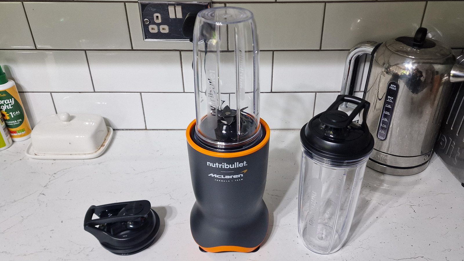 Nutribullet Ultra 1200 from overhead in a white kitchen