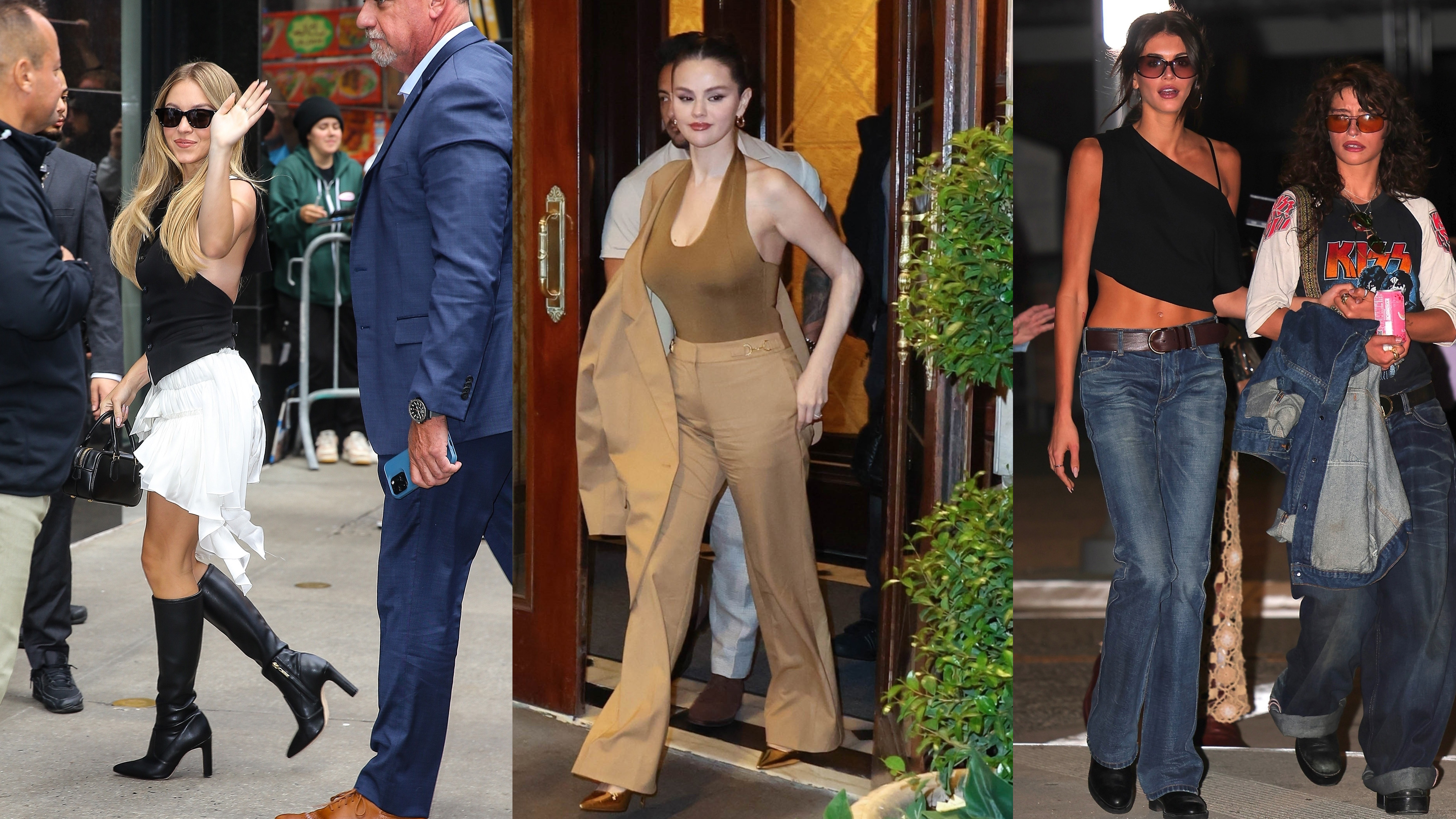A collage of Sydney sweeney, selena gomez, and kaia gerber wearing shoes by Larroudé.
