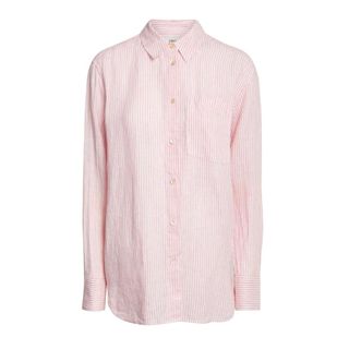 M&S Pure Linen Striped Collared Relaxed Shirt in Pink