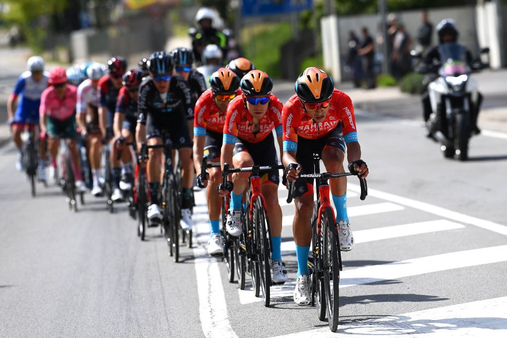 BOLZANO LANA ITALY APRIL 19 Santiago Buitrago Sanchez of Colombia and Team Bahrain Victorious leads the peloton during the 45th Tour of the Alps 2022 Stage 2 a 1541km stage from PrimieroS Martino di Castrozza to Lana TouroftheAlps on April 19 2022 in Bolzano Lana Italy Photo by Tim de WaeleGetty Images