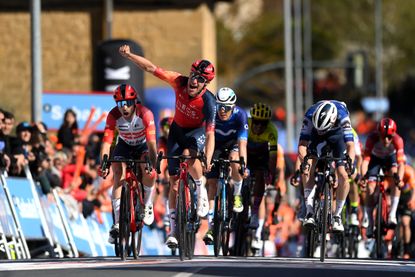 Ethan Hayter punching the air as he wins stage one of Itzulia Basque Country