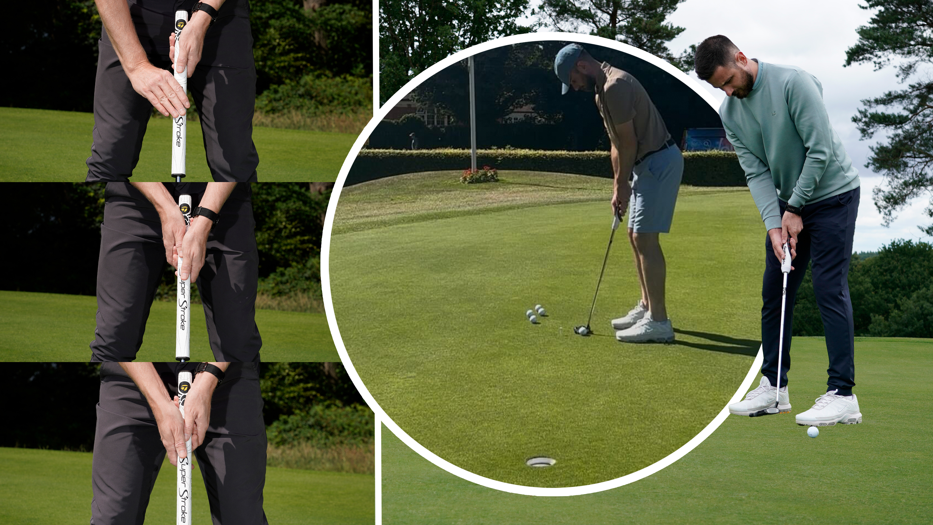 Three different putting grips being demonstrated by Top 50 Coach Ged Walters, including claw, left hand low and conventional styles, with an image of Baz Plummer carrying out an experiment to find the best putting grip and another image of Baz Plummer putting on the 9th green at Sand Moor Golf Club
