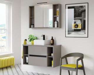Yellow and grey bathroom with yellow radiator and VW camper van wall print by Utopia Bathrooms