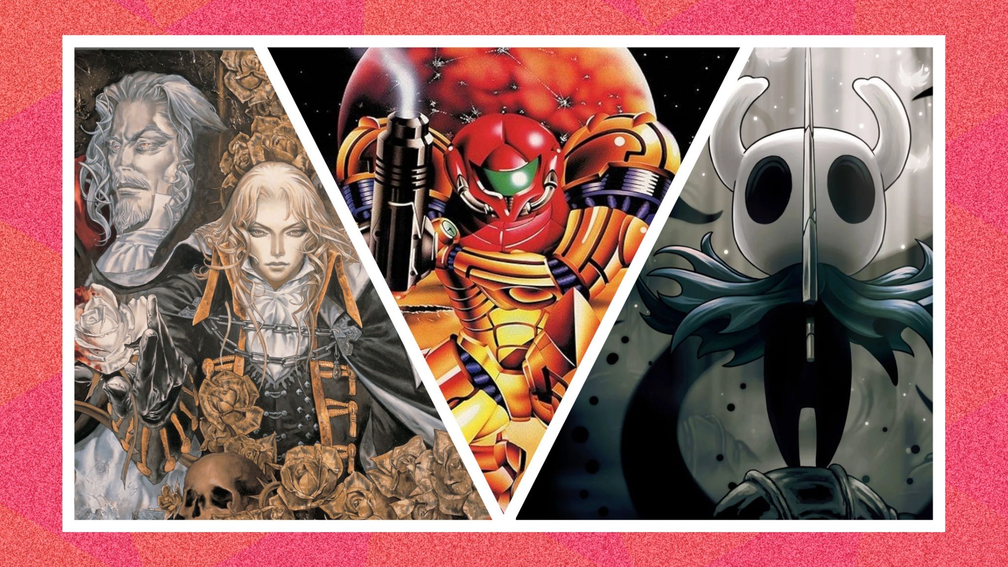 Artwork from the Castlevania, Metroid, and Hollow Knight gaming series