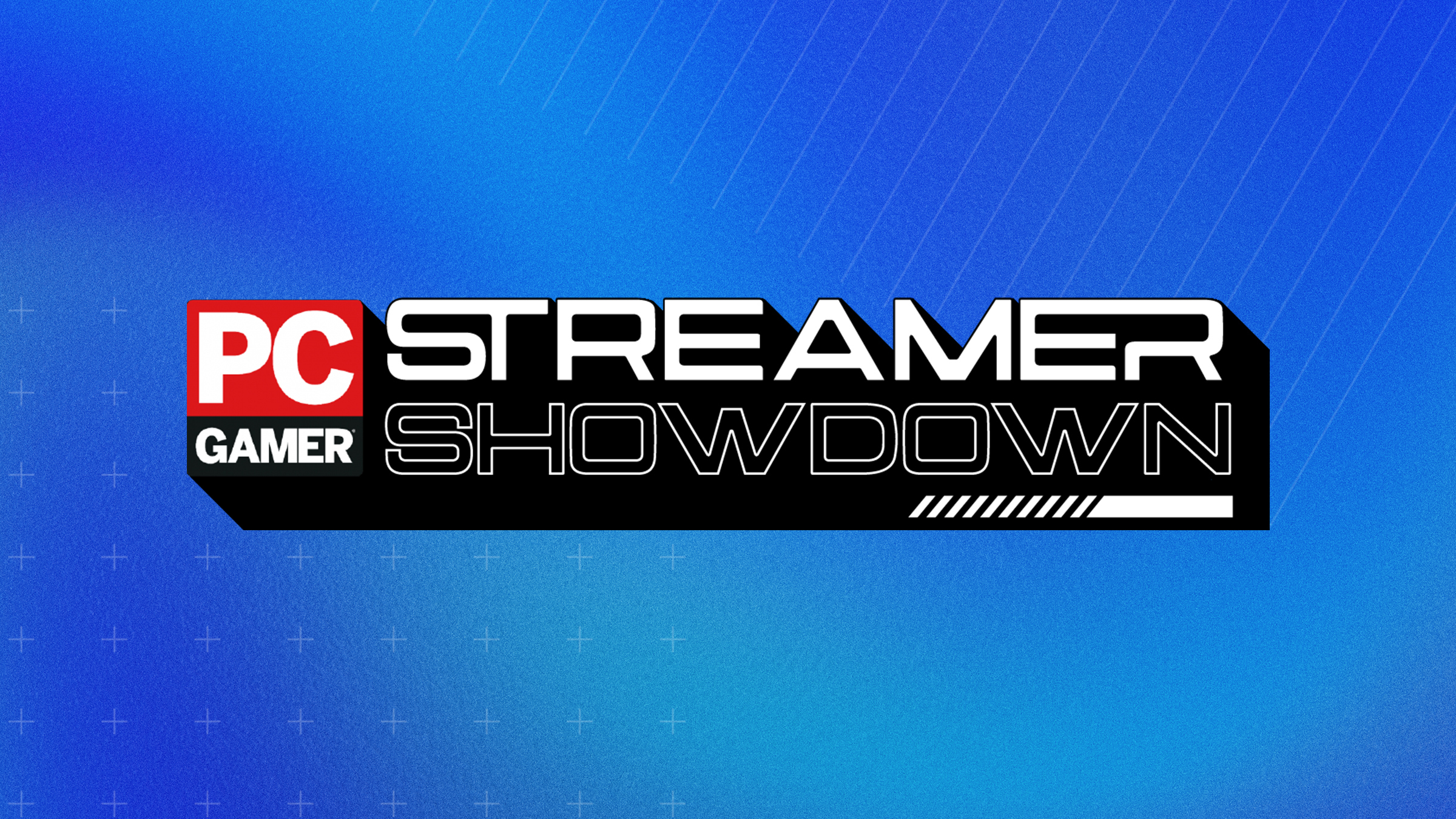 PC Gamer streamer showdown logo text on a blue background alongside the PC Gamer red and black logo