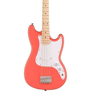 Close up of the body of a Squier Sonic Bronco Bass on a white background