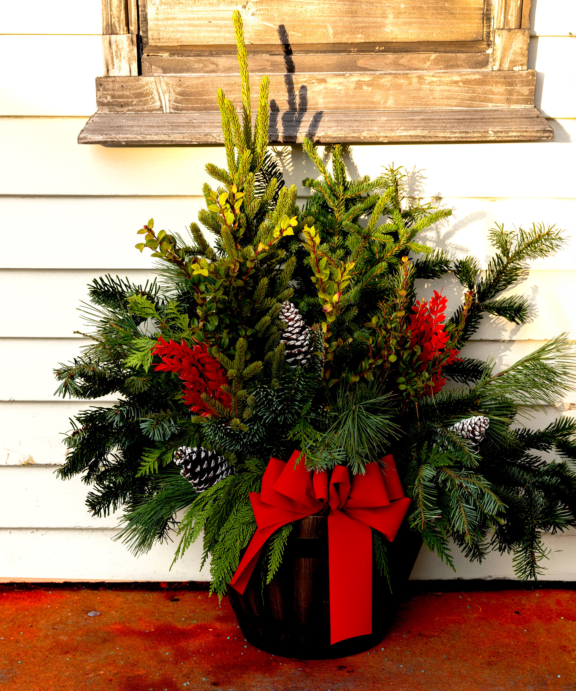 festive thriller filler spiller planter on porch with red ribbon and small tree