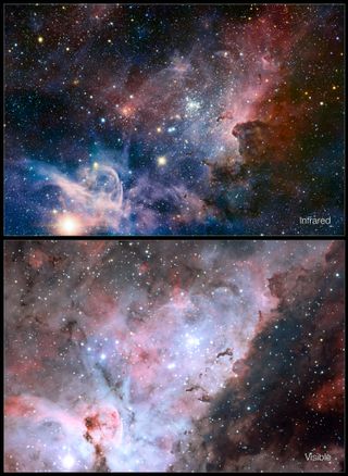 This picture of the Carina Nebula, a region of massive star formation in the southern skies, compares the view in visible light with a new picture taken in infrared light.