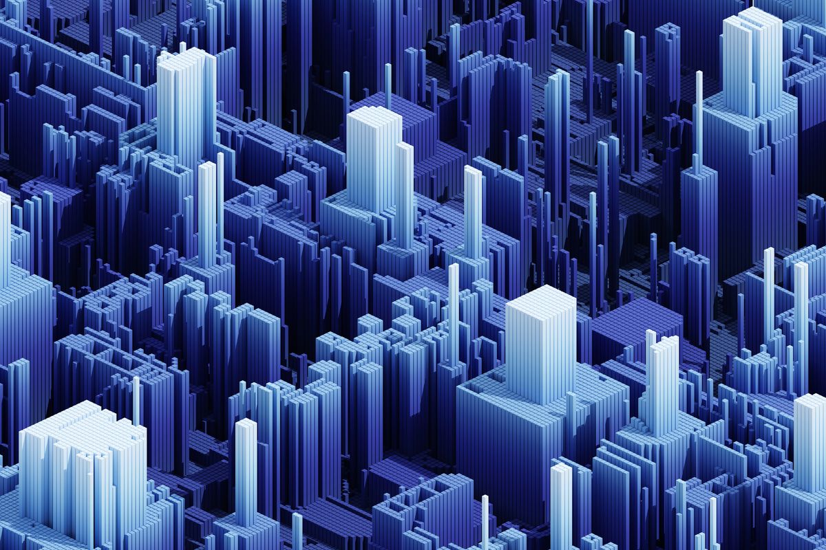 Denoting cyber insurance, this is a digital mockup of a cityscape as if it were skyscrapers coming out of a motherboard, all in a multi-tonal blue colour scheme