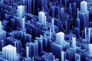 Denoting cyber insurance, this is a digital mockup of a cityscape as if it were skyscrapers coming out of a motherboard, all in a multi-tonal blue colour scheme
