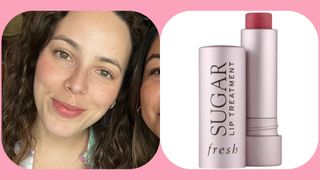 Mariana pictured wearing pink lipstick alongside a picture of fresh's tinted lip balm
