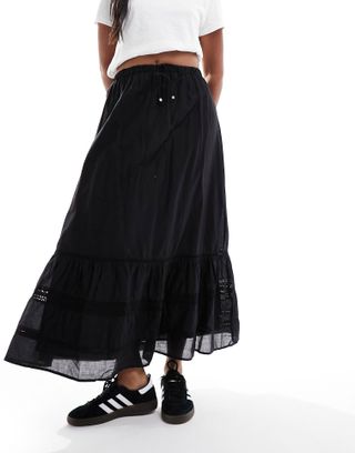 Cotton on Maxi Prairie Skirt With Lace Trim Detail in Black