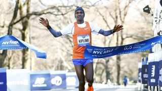Jacob Kiplimo of Uganda breasts the tape at the finish of the New York Marathon