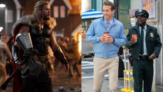 Chris Hemsworth holding Stormbreaker in battle in Thor: Love and Thunder and Ryan Reynolds walking with Lil Rel Howery over coffee in Free Guy, pictured side-by-side.