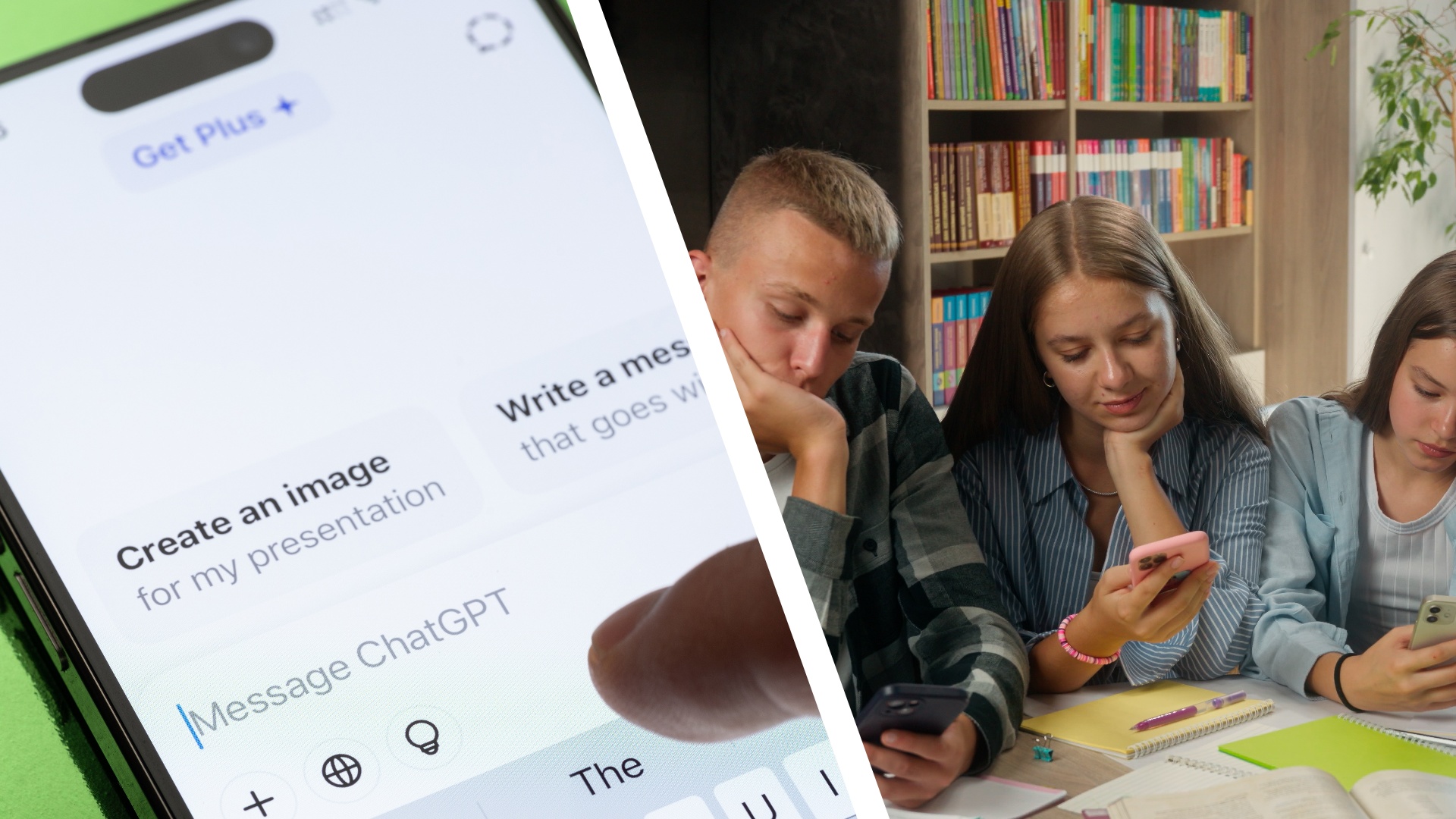 Split image of ChatGPT and teenagers.