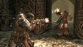 Screenshot from Gears of War 2 showing Marcus Fenix shooting a Kantus.