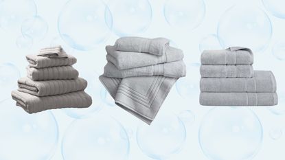 Best bath towels: 3 grey bath towel stacks on blue bubble background