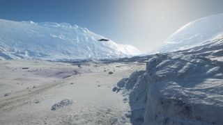 A Ship In Elite Dangerous Odyssey Flies Over A Frozen Landscape 