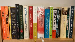 organised bookshelf of cookbooks