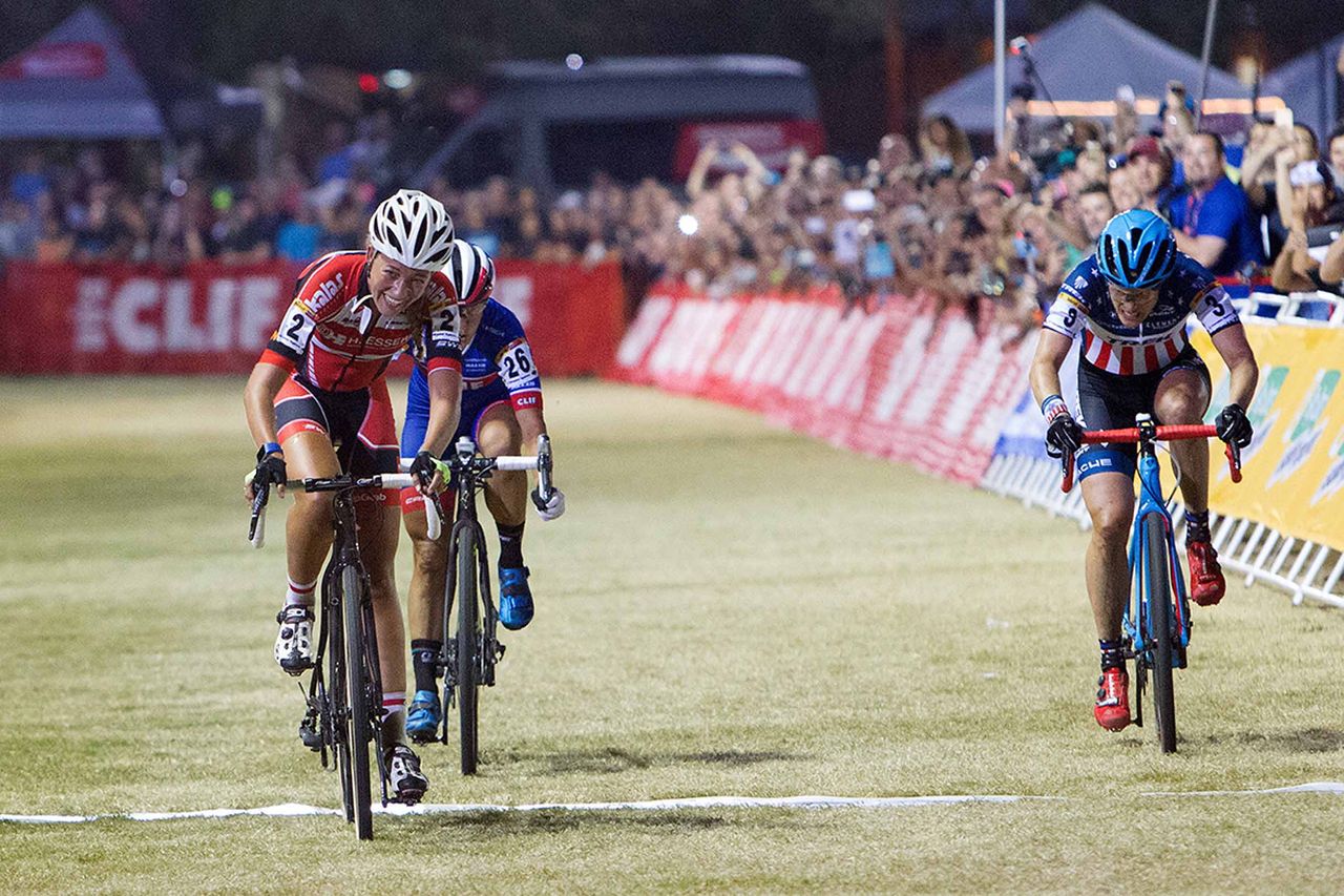 Sophie De Boer out-sprints Katerina Nash and Katie Compton to win CrossVegas.