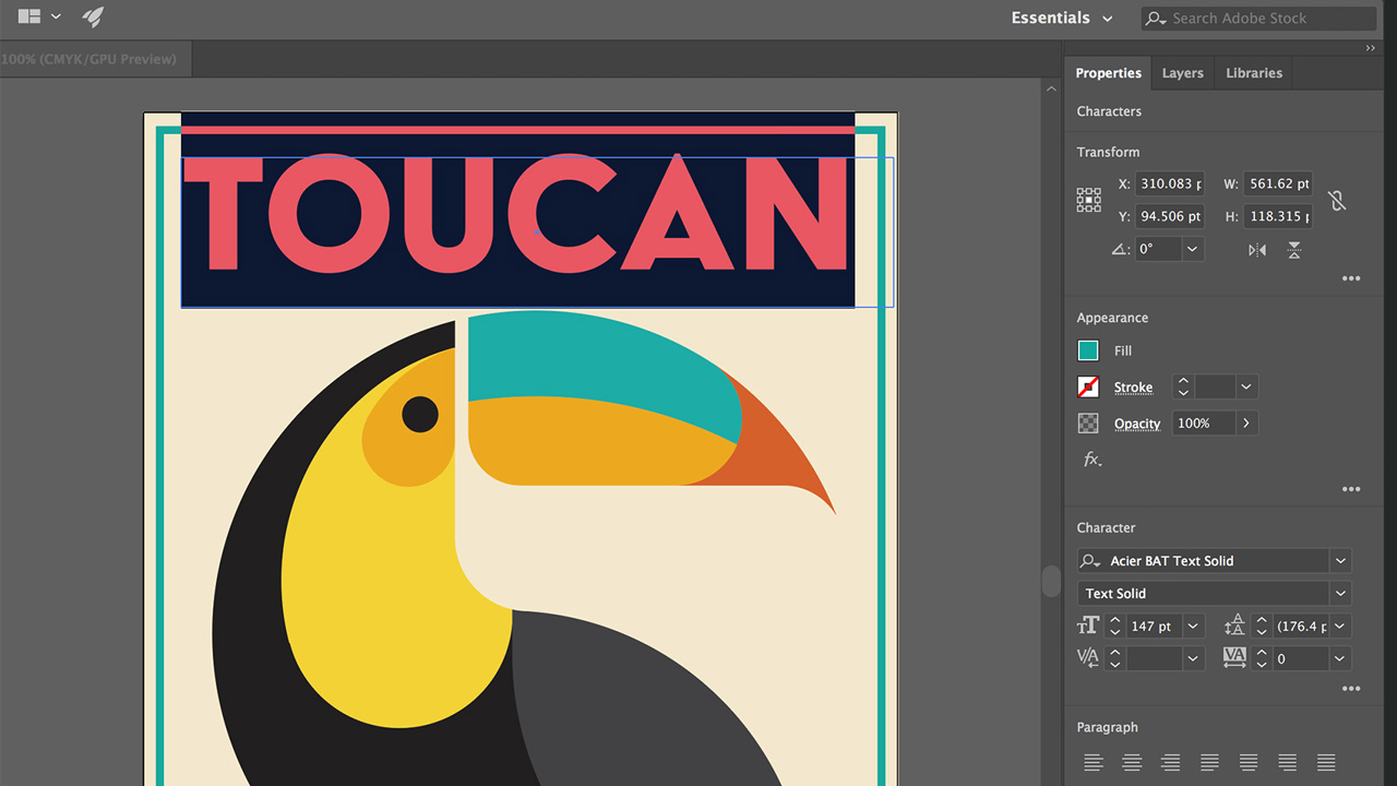 The Adobe Illustrator UI showing a stylized toucan