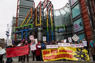 Representatives of Southampton Communities Alliance protest outside Channel 4 call for the cancellation of Immigration Street (Mark Kerrison / Demotix)