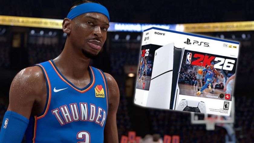 Official screenshot from NBA 2K26 with an image of the new PS5 Slim bundle on top of it.