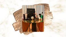 Image of M&S Beauty Advent Calendar 2025 and its contents on a white and gold marble background, with a rose gold metallic swatch