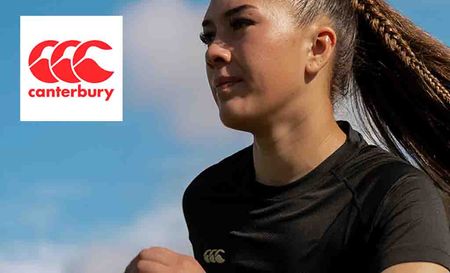 canterbury logo top left with a woman running