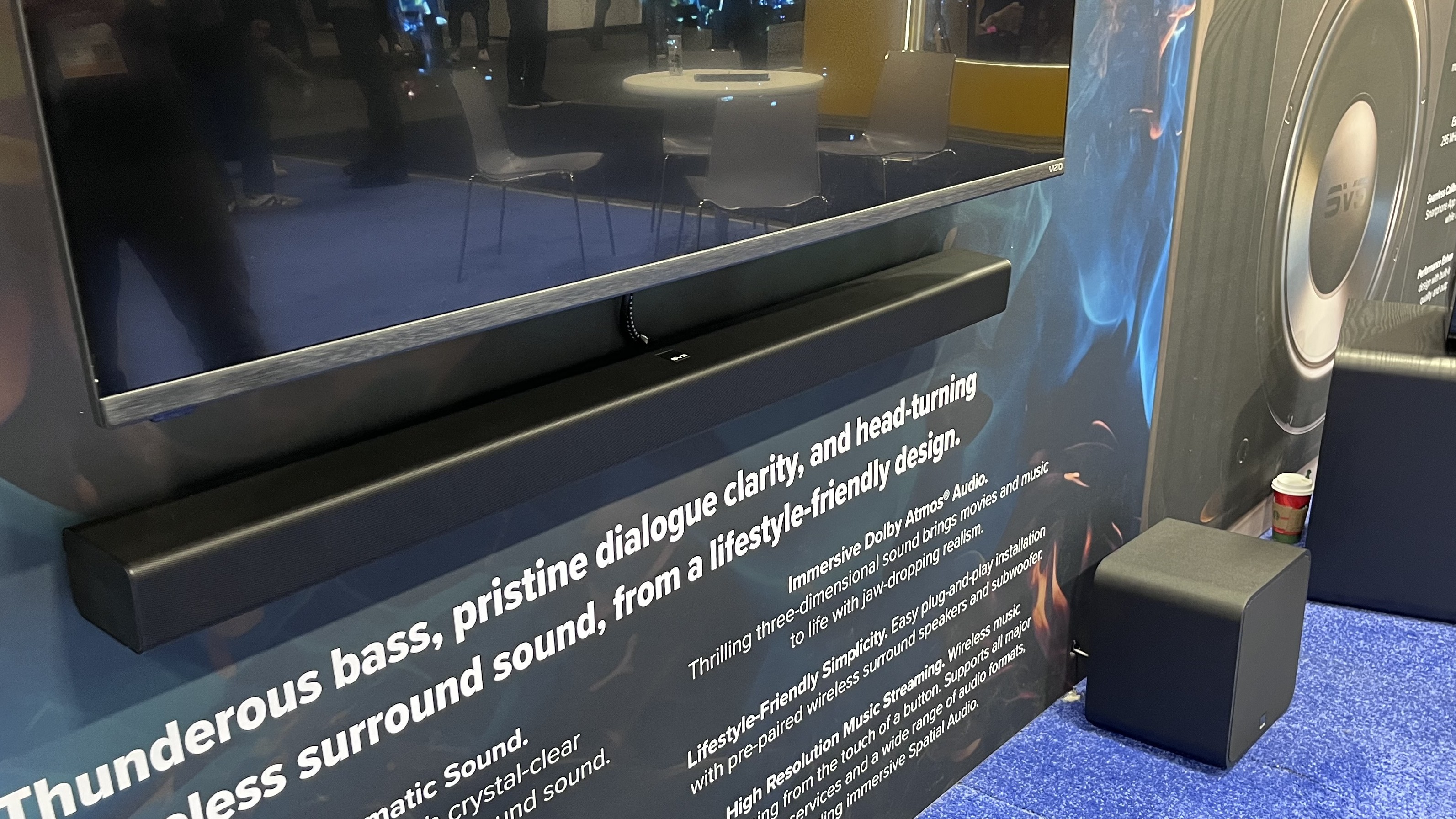 SVS R|Evolution soundbar with subwoofer and signage