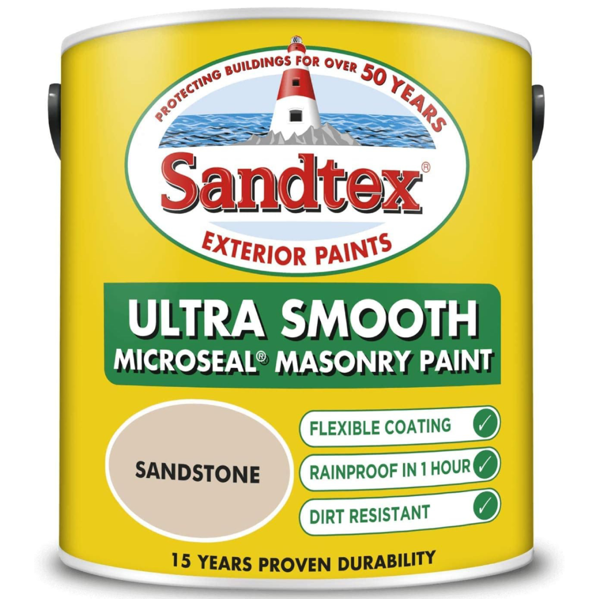 yellow tin of Sandex masonry paint