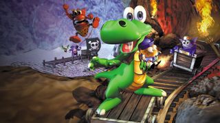 A bright green cartoon crocodile in the retro game Croc 2