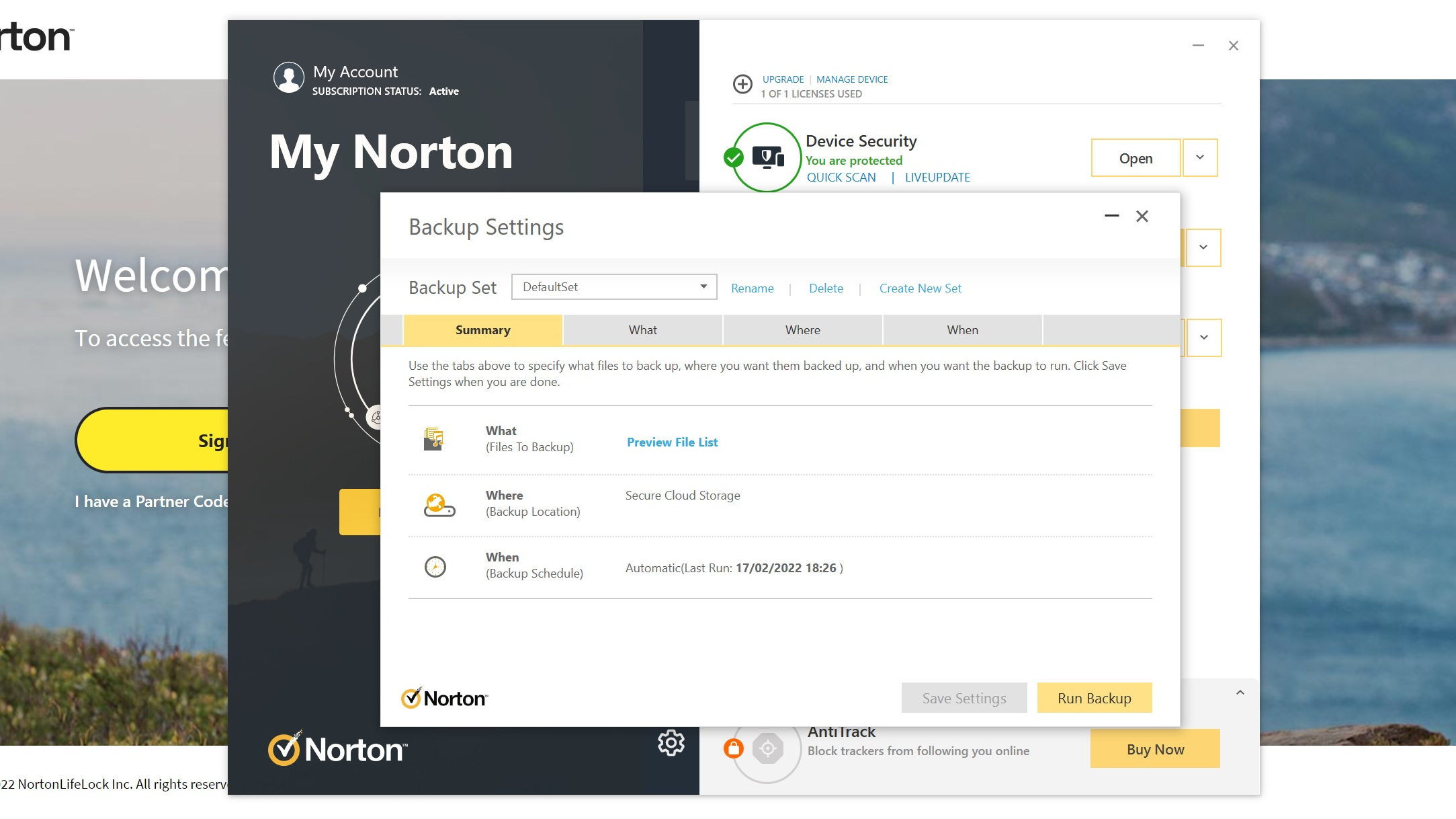 Cara menggunakan Norton Cloud Backup: Mengonfigurasi cadangan Anda sendiri