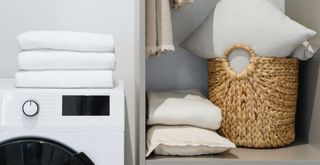 utility room with pillows in a basket beside teh washing machine ready to wash following our guide on how to wash pillows properly