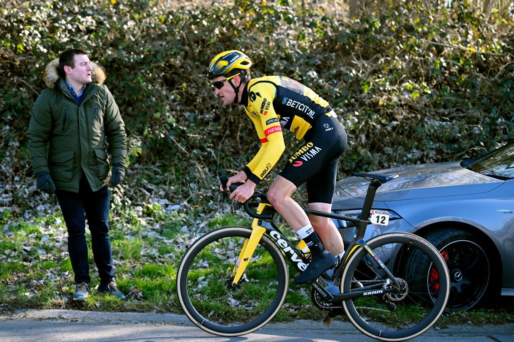 KUURNE BELGIUM FEBRUARY 26 Tiesj Benoot of Belgium and Team JumboVisma competes during the 75th Kuurne Bruxelles Kuurne 2023 a 1931km one day race from Kuurne to Kuurne kuurnebrusselkuurne on February 26 2023 in Kuurne Belgium Photo by Luc ClaessenGetty Images