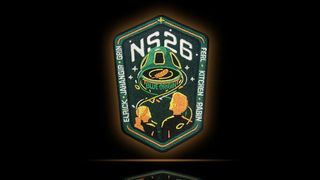 a mission patch showing a cone-shaped spacecraft and vague shapes of people's heads