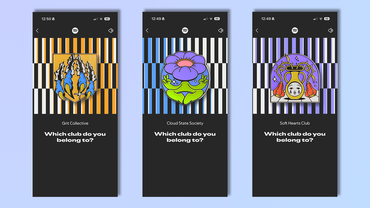three screenshots from the spotify wrapped 2025 showing music clubs