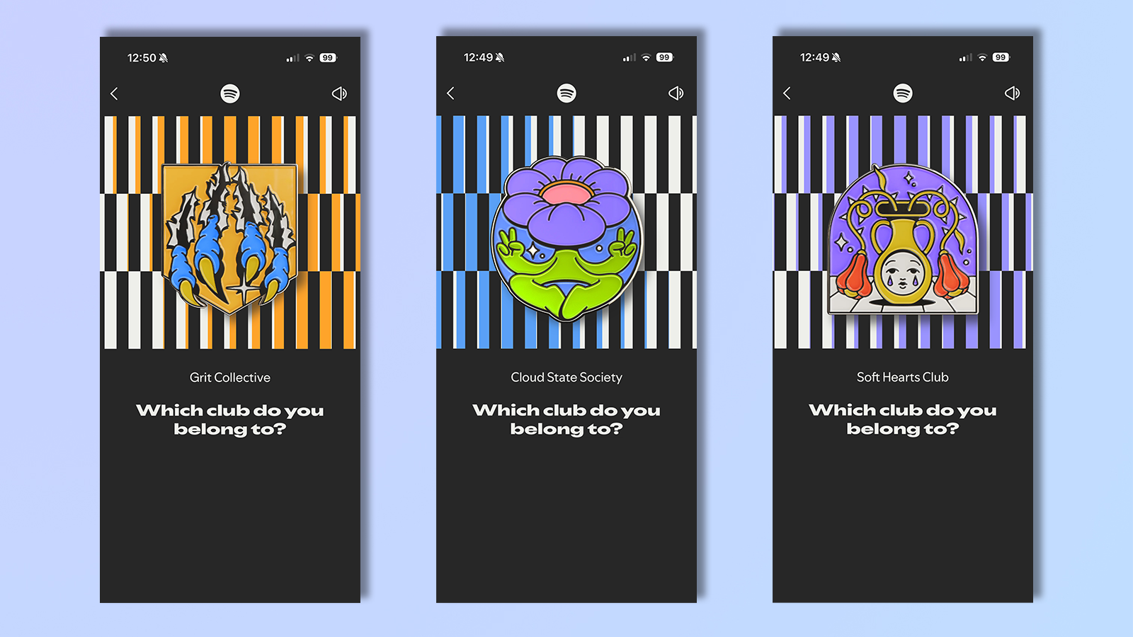 three screenshots from the spotify wrapped 2025 showing music clubs