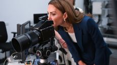 Catherine, Princess of Wales smiles in The Cloth Working Centre during a visit to the V&A East Storehouse on June 10, 2025 in London, England. Opened on 31 May, V&A East Storehouse reinvents the idea of a museum store and offers free, unprecedented public access to the V&A collections and archives.