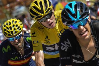 Richie Porte, Chris Froome and Alejandro Valverde climb l'Alpe d'Huez.