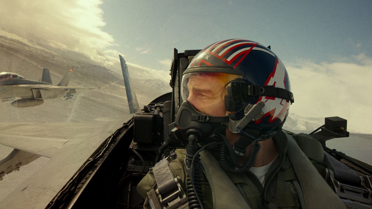 Tom Cruise flying a jet in Top Gun: Maverick