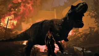 A brightened Code Violet trailer screenshot shows a female character facing a huge dinosaur, with flames in the background.