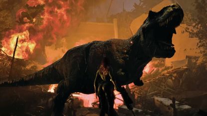 A brightened Code Violet trailer screenshot shows a female character facing a huge dinosaur, with flames in the background.