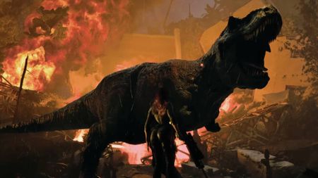 A brightened Code Violet trailer screenshot shows a female character facing a huge dinosaur, with flames in the background.