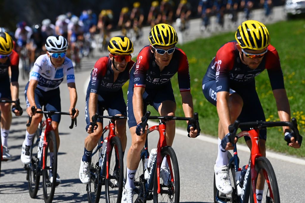 CHTEL LES PORTES DU SOLEIL FRANCE JULY 10 LR Adam Yates of United Kingdom and Team INEOS Grenadiers Geraint Thomas of The United Kingdom and Team INEOS Grenadiers competes during the 109th Tour de France 2022 Stage 9 a 1929km stage from Aigle to Chtel les portes du Soleil 1299m TDF2022 WorldTour on July 10 2022 in Chtel les portes du Soleil France Photo by Tim de WaeleGetty Images