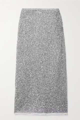 Dries Van Noten Tempe Fleece-Trimmed Metallic Open-Knit Midi Skirt