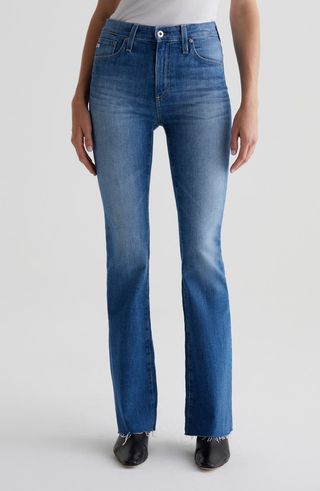 Farrah Bootcut-Jeans mit rohem Saum und mittelhohem Bund