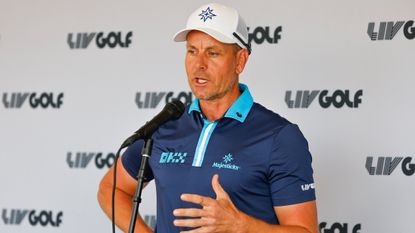 Henrik Stenson talks to the media before the LIV Golf Bedminster tournament