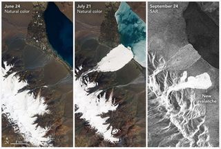 Two massive ice avalanches, just a few kilometers from each other, occurred on July 21 and Sept. 21, 2016, in the Aru Range of Tibet, as shown in satellite images here.