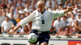 Paul Gascoigne scores for England against Scotland at Euro 96